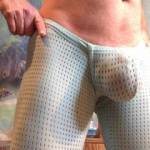 Aqua N2N runners showing my bulge after pumping my cock and balls