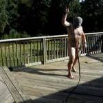 There is a sweet sexy woman who wanted to see me crack my whip.  Here I am out on the deck