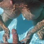 Playing with his lovely smooth shaven thick cock, in the swimming pool at home