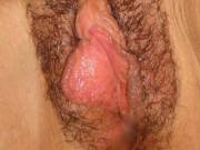 close up of hairy pussy, large clit