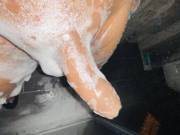 Taking a soapy shower