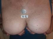 My Wife's beautiful tits with the ZOIG sticker. Just look at those nipples everyone, aren't they so suckable?