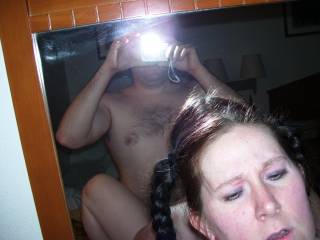 I love to fuck her like this in the bathroom. Sometimes she takes the small cosmetic mirror so we can both watch my cock thrusting into her hot snatch!