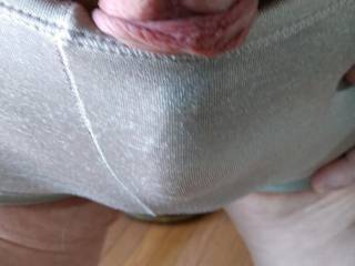 Wife\'s panties on with the head of my cock sticking out
