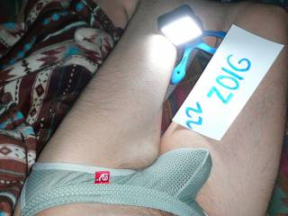 My undie as I lay on my bed with a LED camera light on.