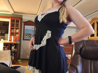 Trying on new maid costume and poses for camera