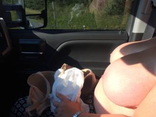 My big titties all out when we were out driving on the interstate