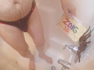 A partial lower body frontal view as I shower with my undie on. Olympus TG1 camera was used.