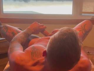 Relaxing at my cottage hideout .  I’m Nude most of the time I’m here so it’s tough to resist the urge when it comes !!