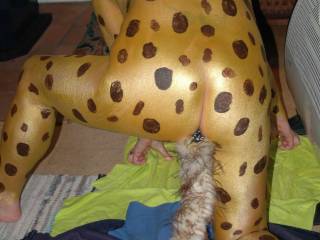 Cheetah girl.  She didn\'t know about the tail until it was attached.