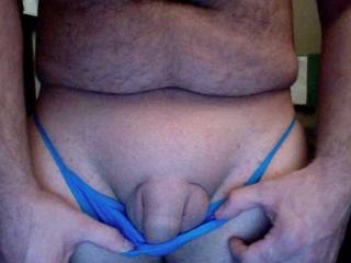 shaved cock, in blue thong