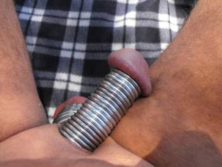 nice, what size of rings do you use on your cock?  I have got up to 14 on my balls but never have tried a bunch on my cock.