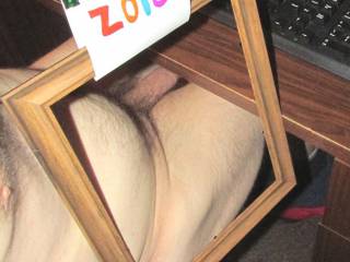 A under the desk side view of my horizontal cock.