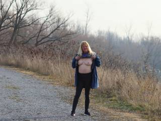 Joanne flashing her breast by the Lake Ontario entrance to the Welland Canal. Taken on December 10 with a temperature of 12c
