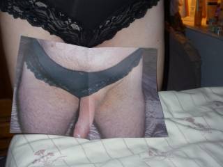 Zoig friend sent us a pair of his wife's panties and a pic of him wearing them.