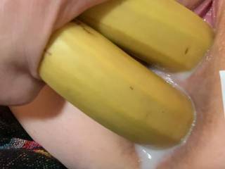 I had to use and fill both of Babygirl’s amazing little fuck holes before we started and I must have pumped that cum nice and deep because I fucked her deep and hard with these bananas for long before that cum started flow out of her. Clean up anyone?