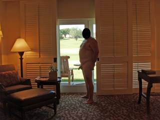Weekend getaway at a luxury resort.  Hubby posing nude for me!  I saw some ladies outside and told hubby to open the door!
