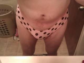 My new pink poka dot Victoria Secret panties that mistress bought me anybody wanna count the dots personally or even better play connect the dots ?