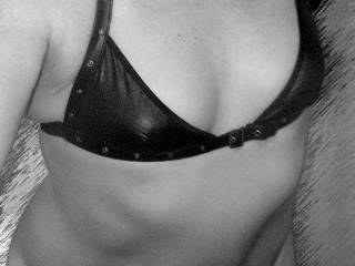 B/W sexy playing & teasing with leather bra