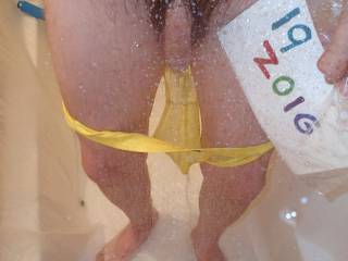 A lower body frontal with my undie pulled down during a shower and thus revealing my dick...TG1 camera was used.