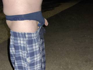 My cock hanging out pants and panties thong outside