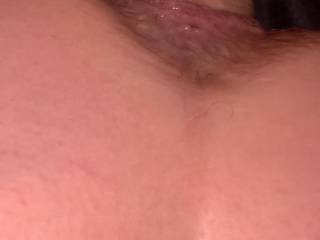 Great close up of  Bbygrl’s beautiful swollen asshole pushed out and stretched tight around my hard cock