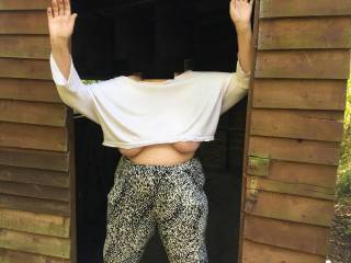 New - made yesterday. A teasing picture - my friend stands in a wooden doorway, and is wearing a short top