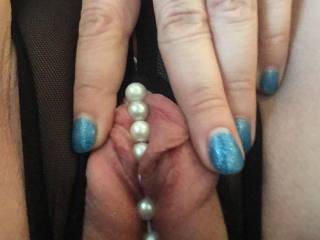 Love how the pearls rub my clit all the way to my tight little asshole..... would you like a taste?