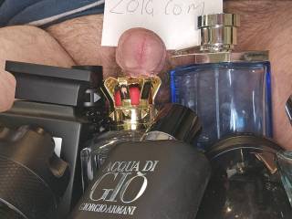 Showing off a few perfumes I own.. And my cock of course