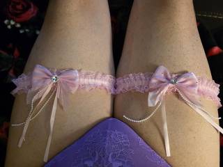 Strappy Purple Lace Panties and Pink leg garters... So, Cute!