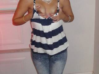 Ready to go out to have some Naughty Fun!! 😈 ..The good thing about having small tits is....I don\'t need to wear bra at all! 🤪…..In a moment of Heat 🔥, the blouse moves to one side and "Voilà" ...Easy access for my Nipple to be Sucked! 🥰