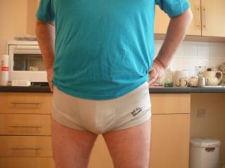 When not enjoying being nude, I like to dress in tight skimpy shorts.  This is an old pair of my football ones I\'ve kept from my days and I can STILL get into them, despite a bit of middle-aged spread!!!
