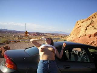 Driving through the desert of Nevada. We had to stop for a break and to rehydrate. suddenly the desert just got hotter