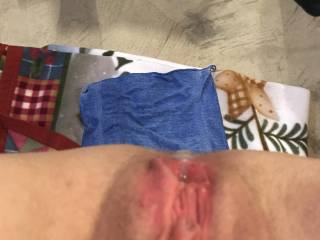 Cum filled pussy. Want to add more? Want to clean it up?