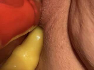 Her two favorite toys filling both holes. Orgasm in minutes!!