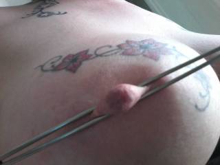Sally being lightly tortured with some steel chopsticks. Doesn\'t she look good?