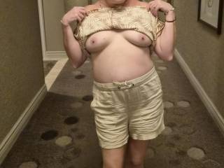 Showing off in the hallway of the hotel