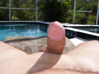 Nice and hard by the Pool. You wanna suck it for me??