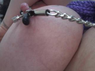 Clamp and chain hanging from Sally\'s perky nipple.
