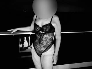 Sexy wife posing in lingerie on our balcony on a cruise