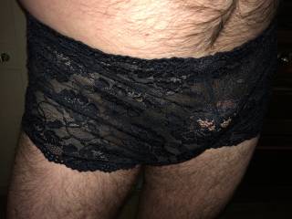 In my wifes panties. Shhh don\'t tell her I came in them :) xx