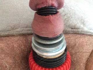 Cyborg cock bound with rubber and steel rings