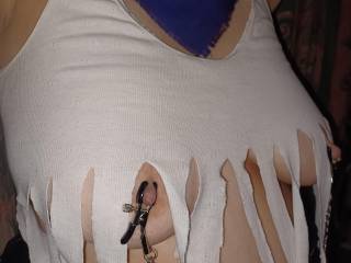 Tied up. Nipples will need some sucking when the clamps come off.