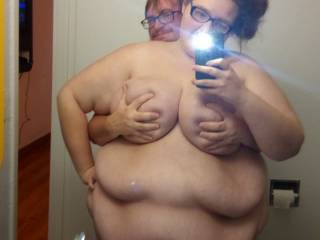 Cute mirror selfie of atrox holding his big girl\'s huge boobs