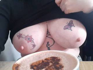 A cup of hot chocolate is almost as heart warming as seeing Sally's tits n a public place.