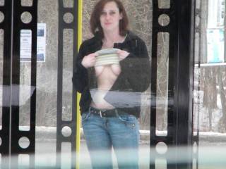 wife flashing tits at a bus stop