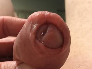 Playing with pumped foreskin and getting some precum. Yum