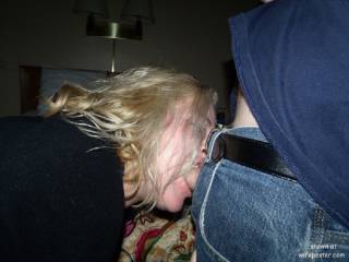 here she is sucking me after she got back from sucking a stranger at the motel . he shot his load all over her tits …