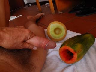 Preparing to penetrate some fruit, Missing some girls I use what I have at hand!