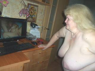 Tatyana watches in the monitor as Lyudmila sucks my cock and masturbates